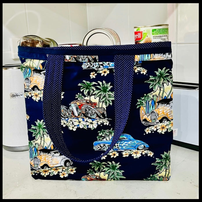 Grocery Tote .. Hot Rods ... Lined with storage bag