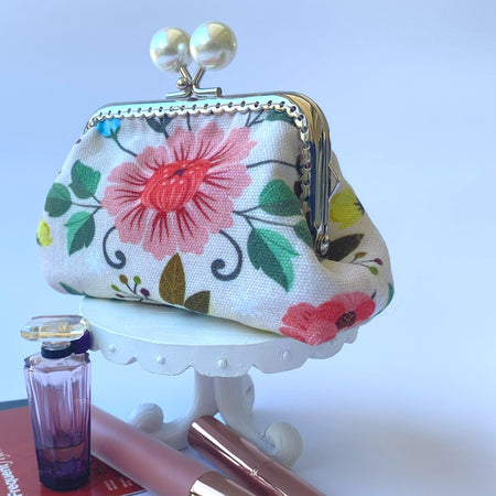 Small coin or cosmetic purse - flowers on cream