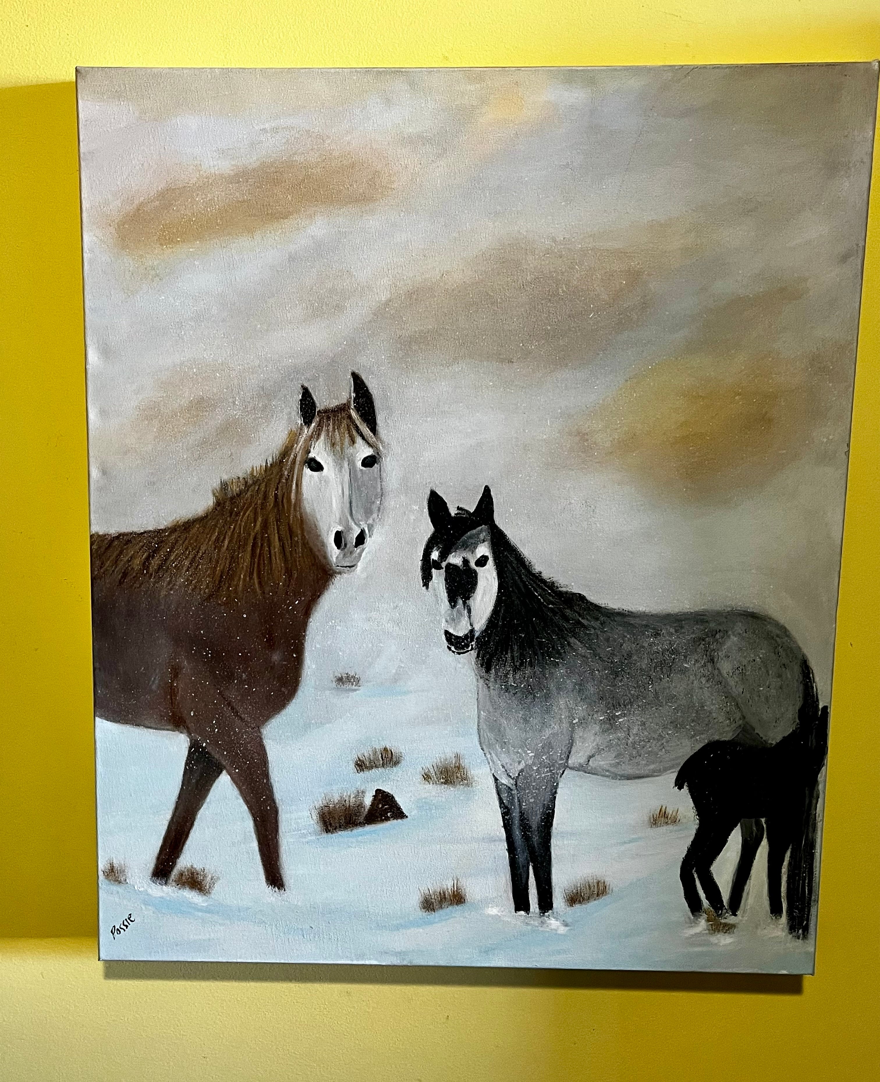 Wild horses in the snow, acrylic painting