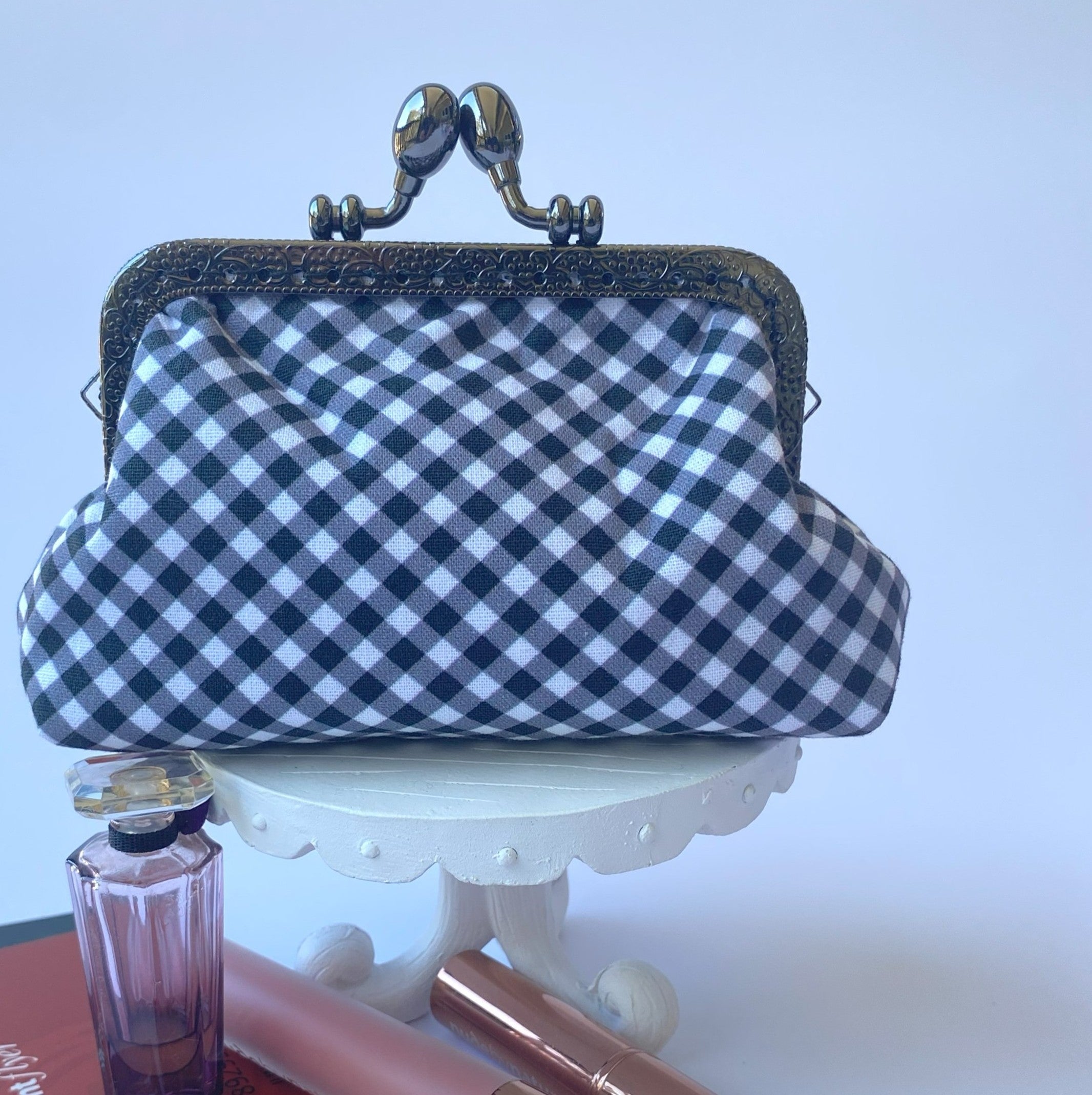 Small coin or cosmetic purse - black and white gingham