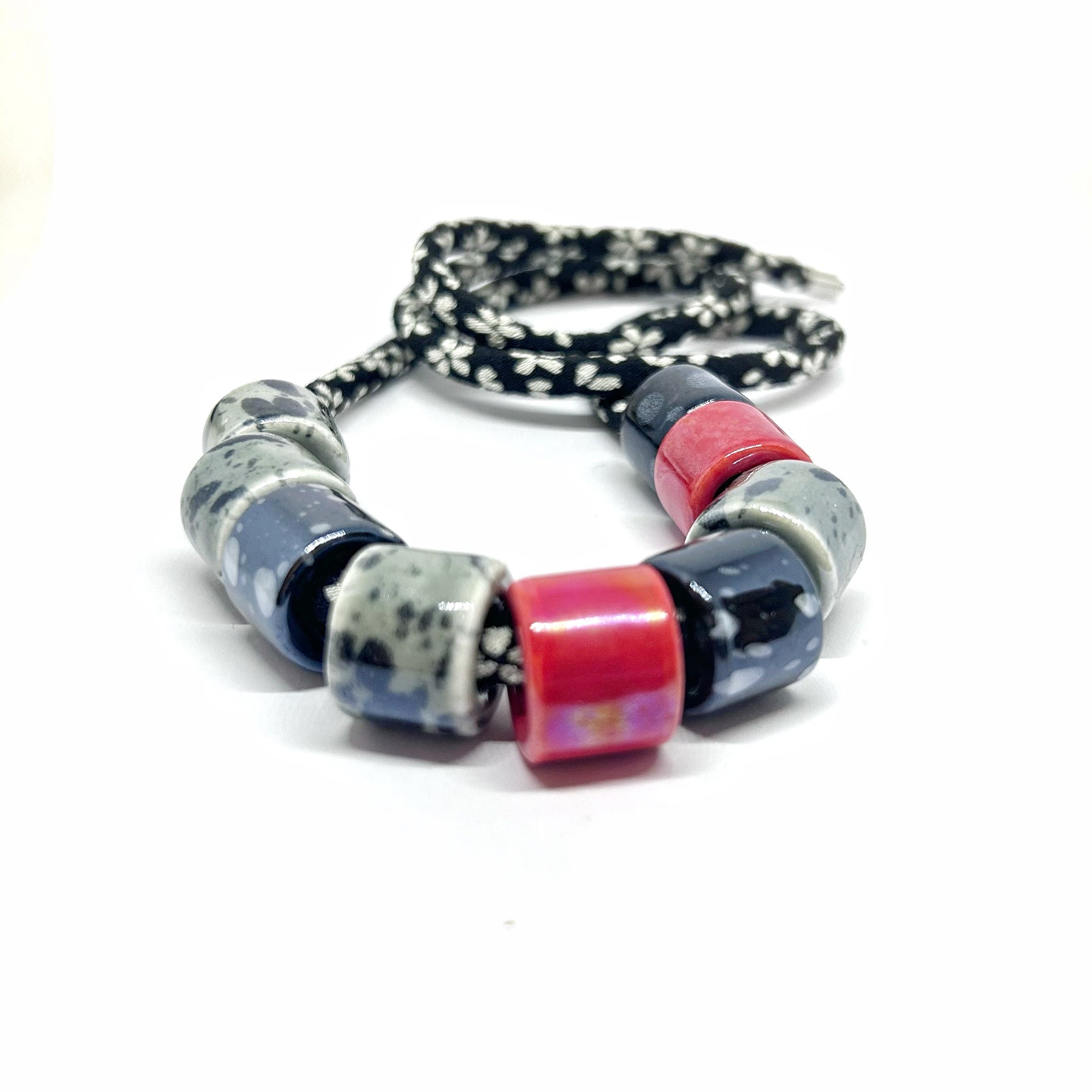 Ceramic Bead Necklace on Kimono Cord - Black