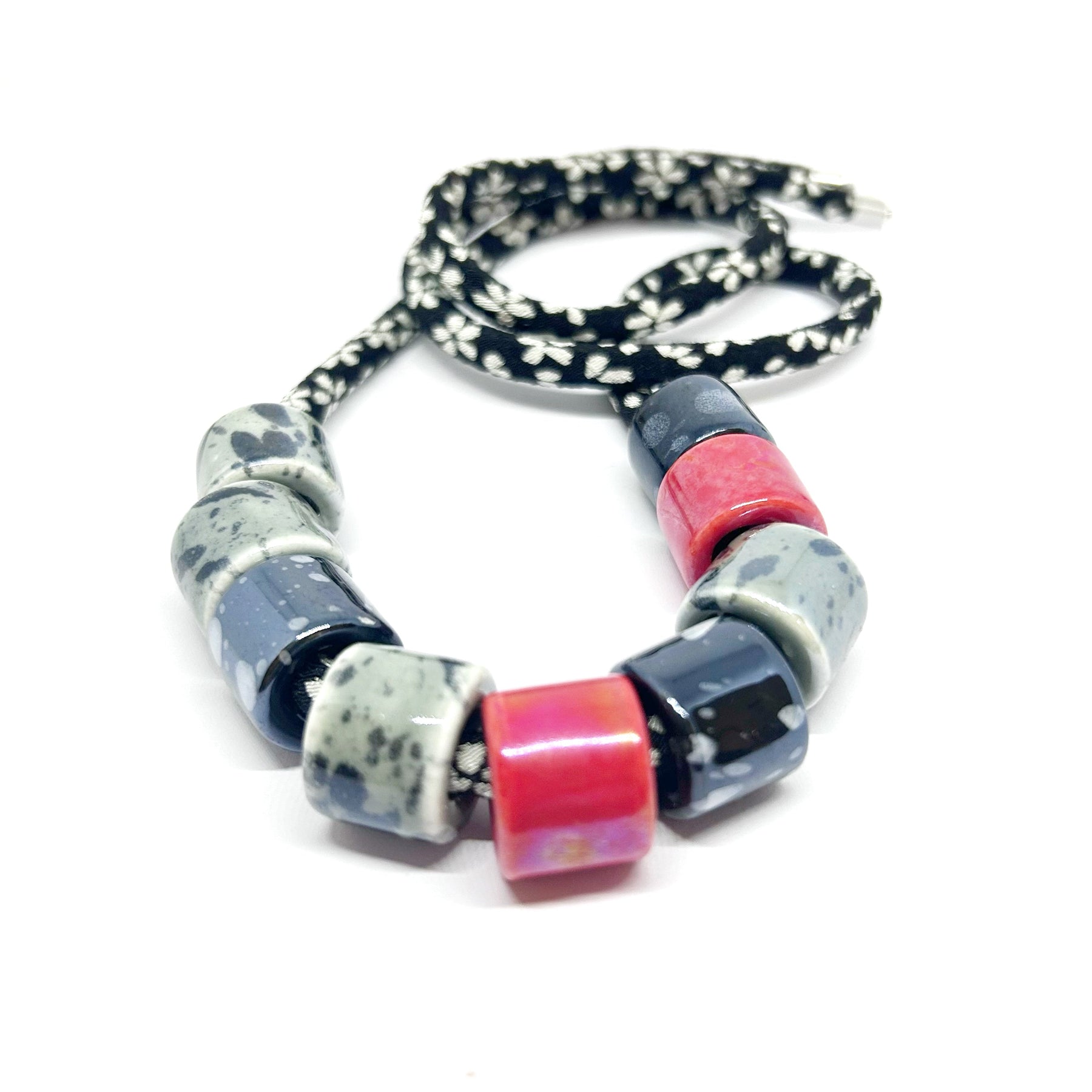 Ceramic Bead Necklace on Kimono Cord - Black