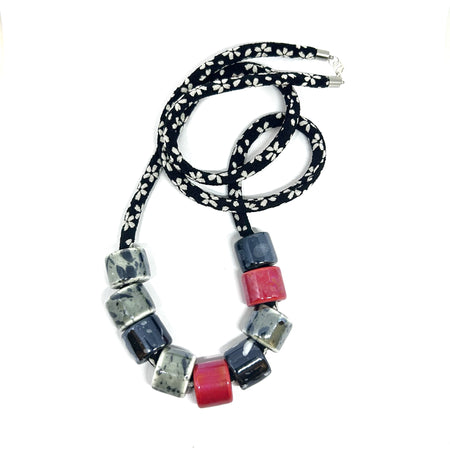 Ceramic Bead Necklace on Kimono Cord - Black