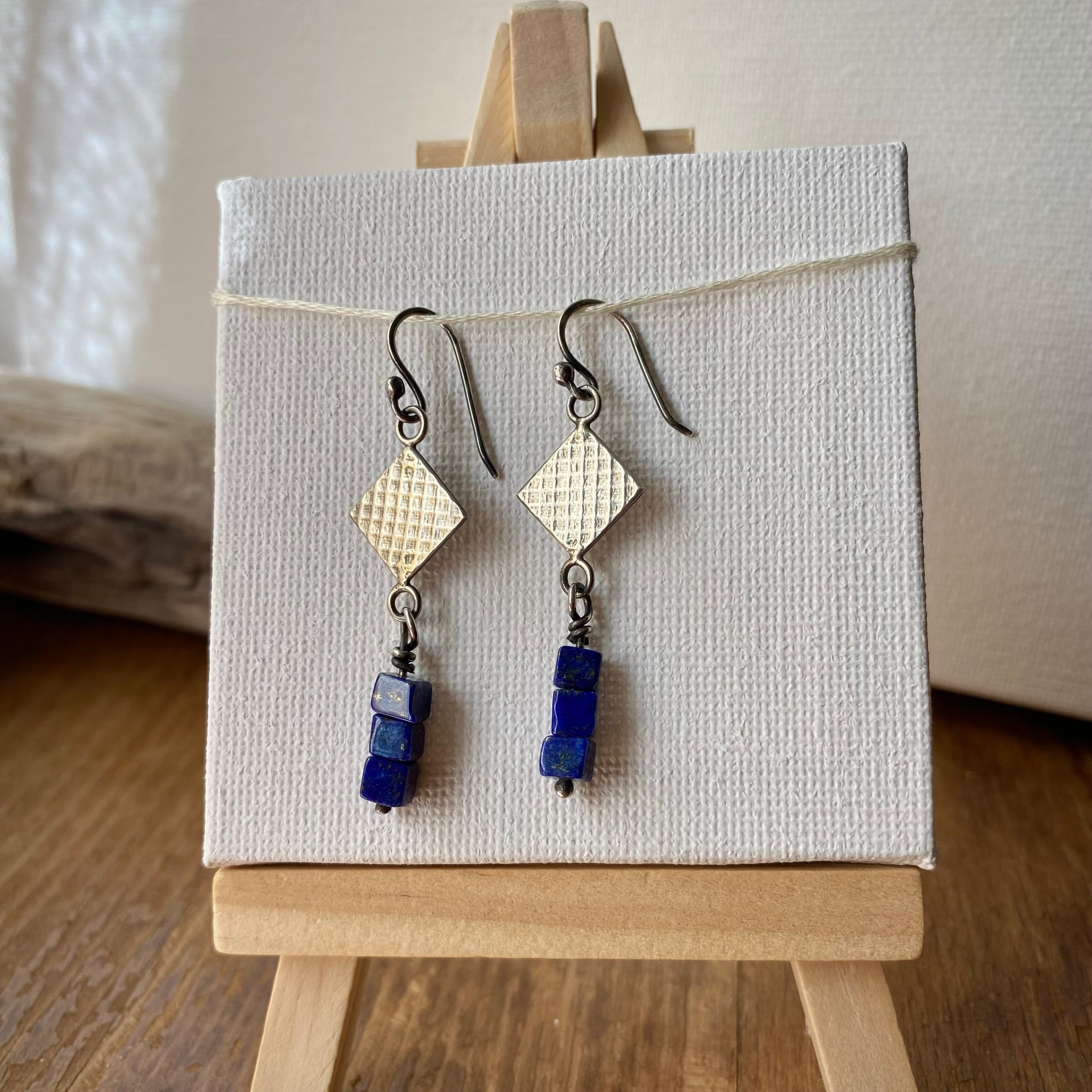 Lapis Lazuli Cubes and Sterling Silver Earrings