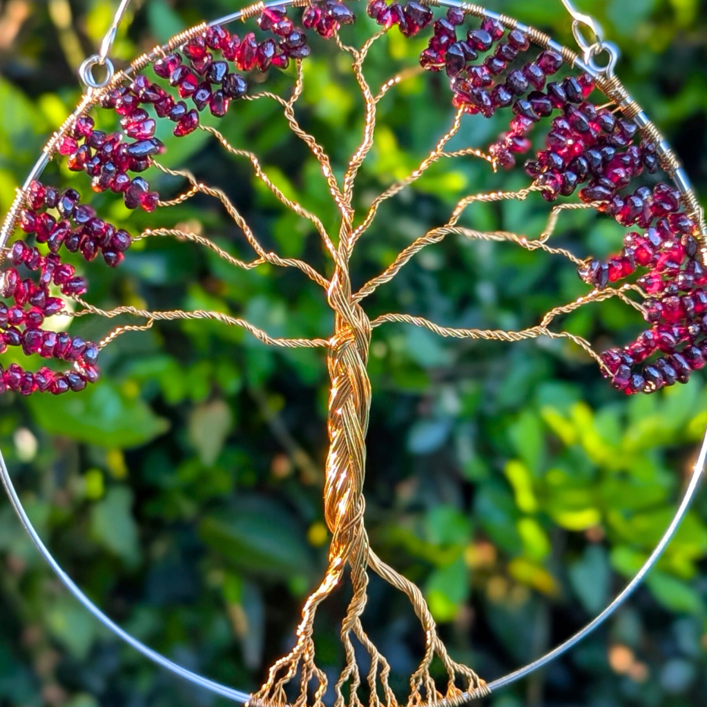 Handmade garnet gemstone tree of life suncatcher - January birthstone