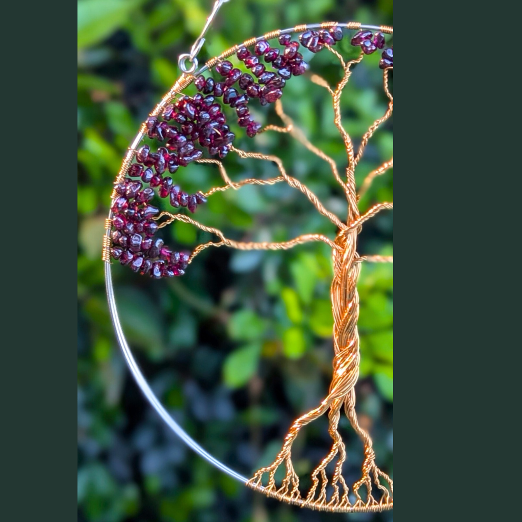 Handmade garnet gemstone tree of life suncatcher - January birthstone