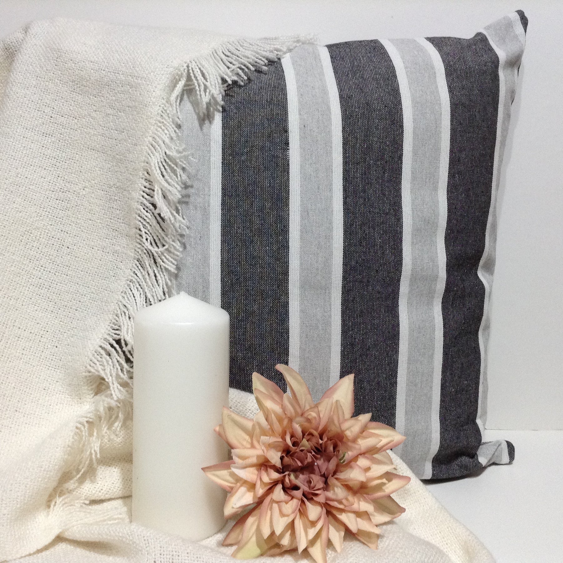 Striped Cushion Cover – Grey, Blue & Beige scatter cushion