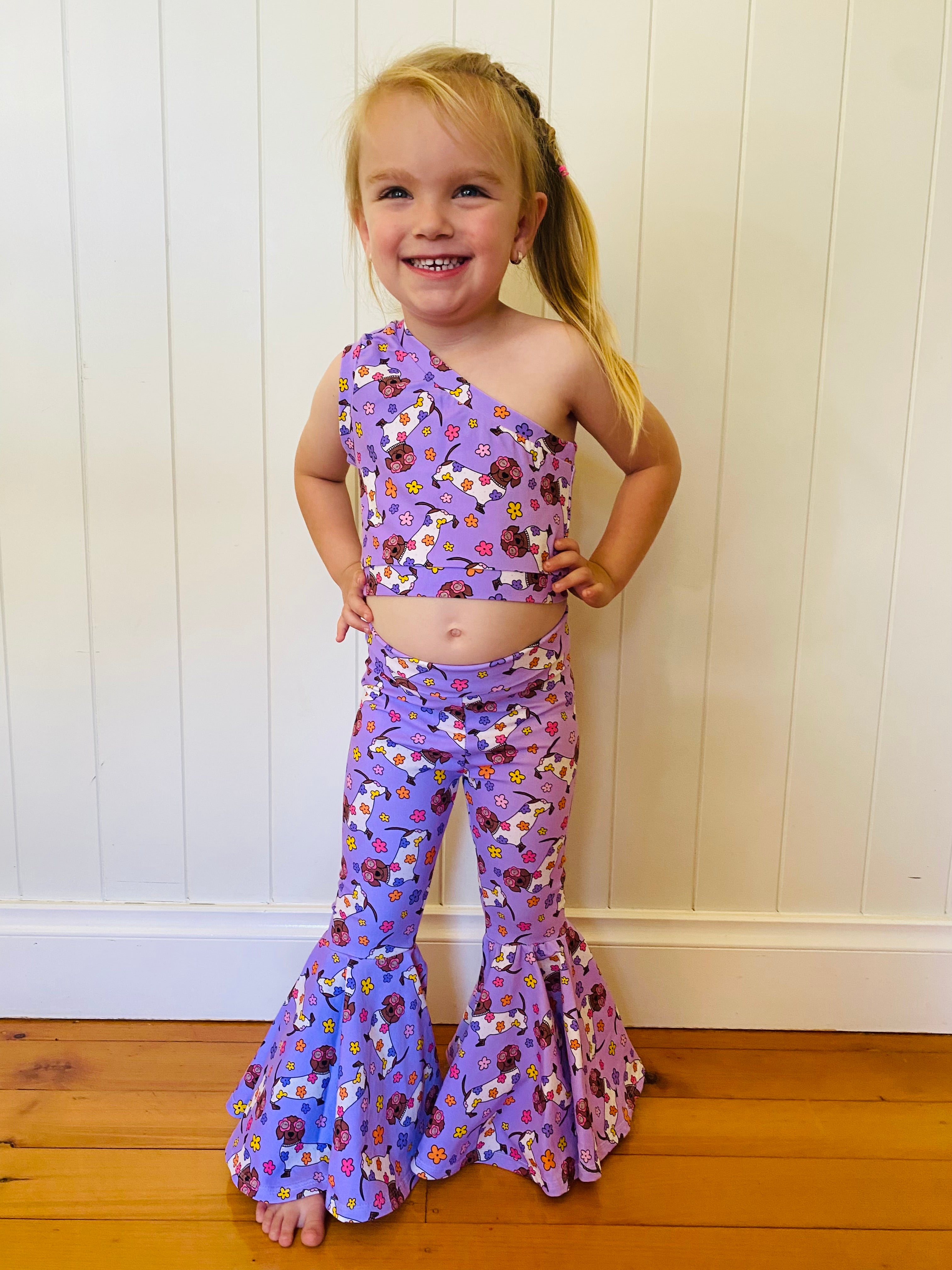 Groovy Dachshunds One Shoulder Tank Top and Bellbottom Pants Two Piece Set Size 3-4 years