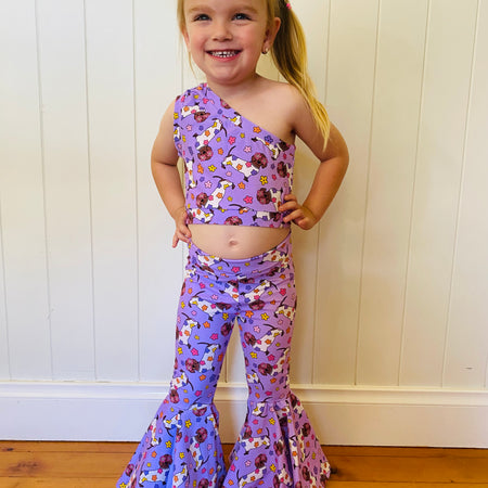Groovy Dachshunds One Shoulder Tank Top and Bellbottom Pants Two Piece Set Size 3-4 years