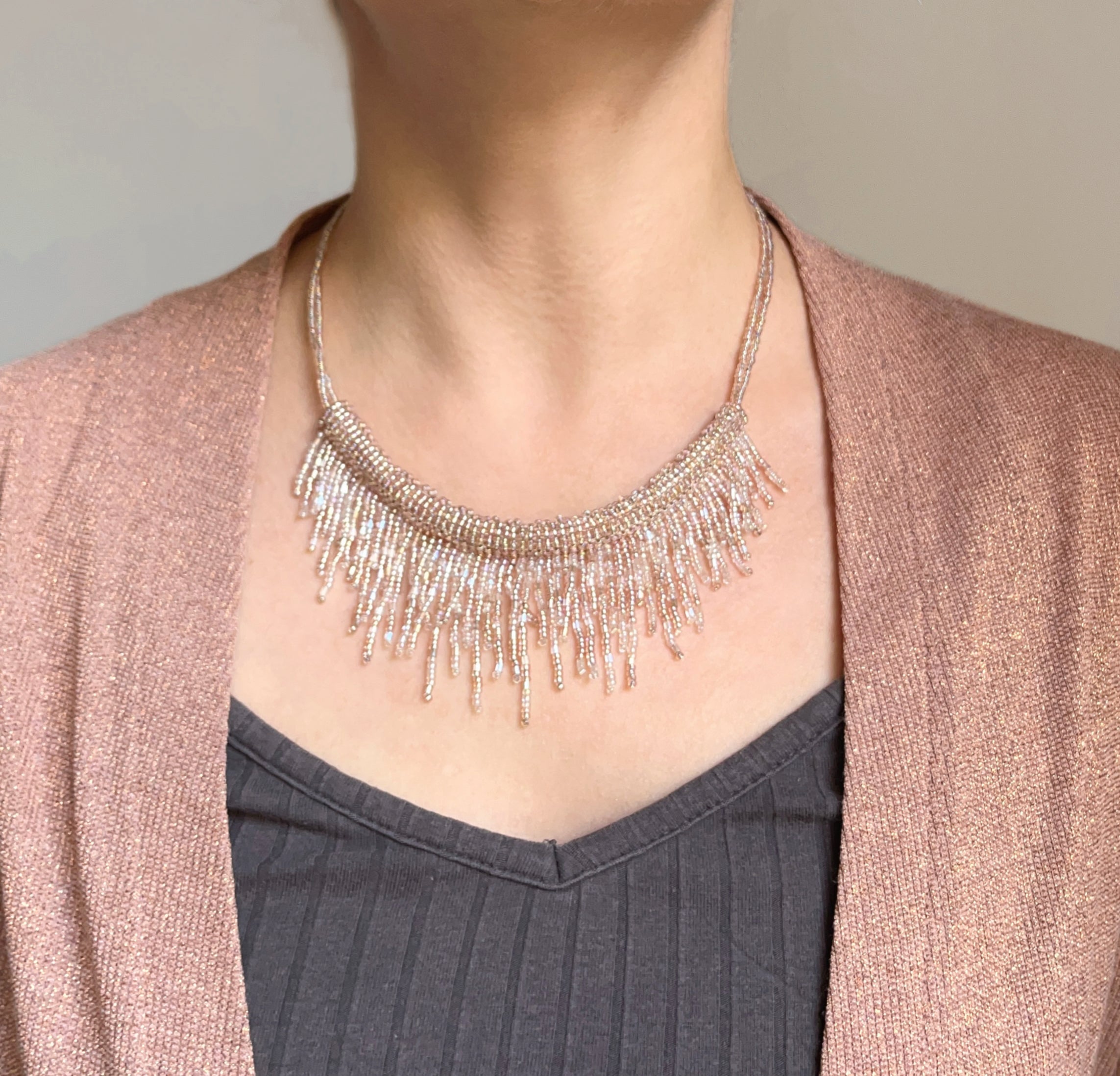 SHIMMER NUDE | Silver Crystal | 2 colors | festive necklace | beaded handmade