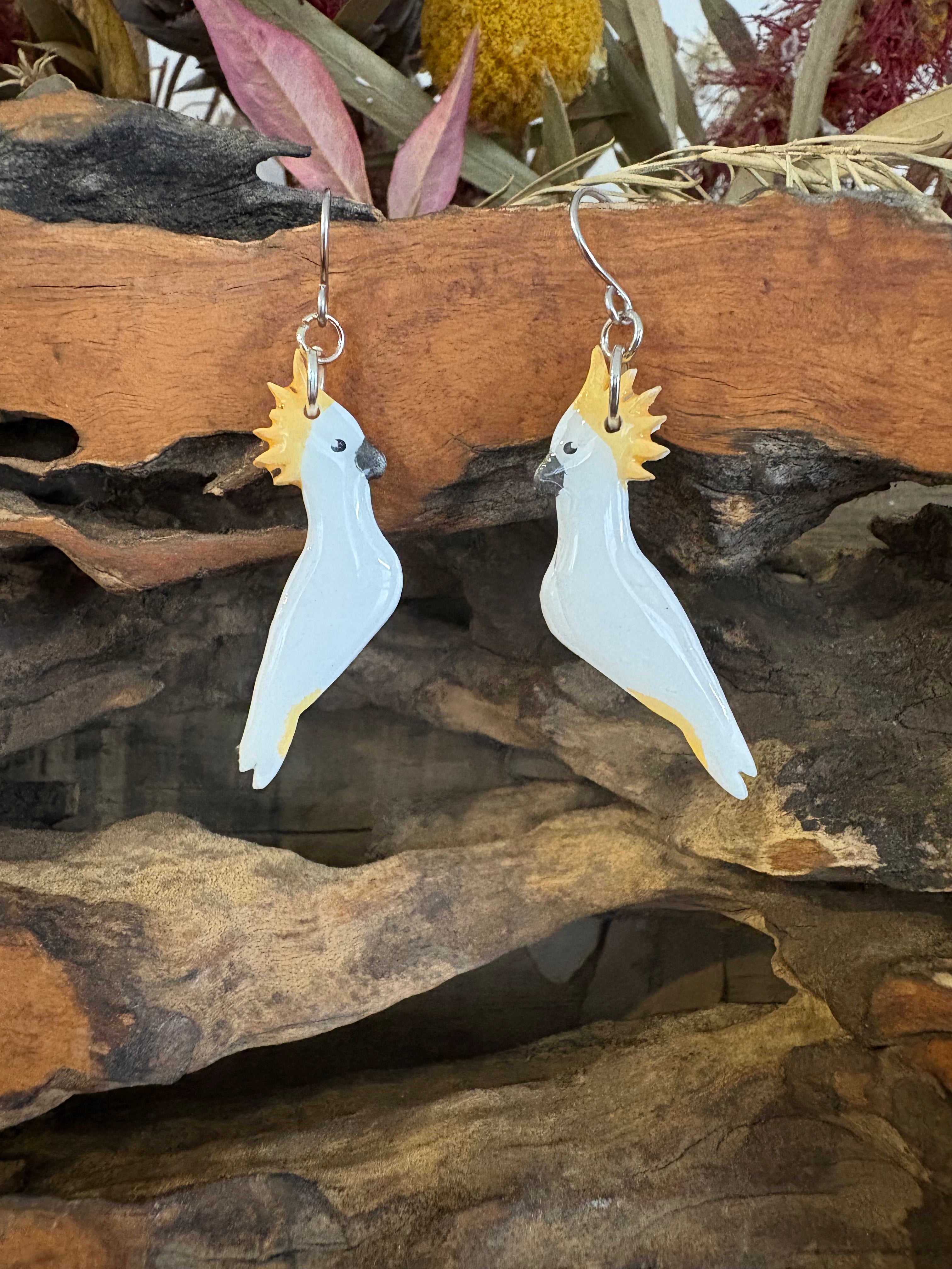 Sulphur crested cockatoo earrings | Handmade and Hand Painted Cockatoo Dangle Earrings