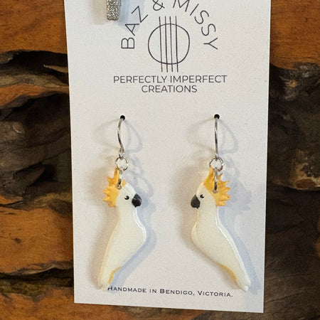 Sulphur crested cockatoo earrings | Handmade and Hand Painted Cockatoo Dangle Earrings