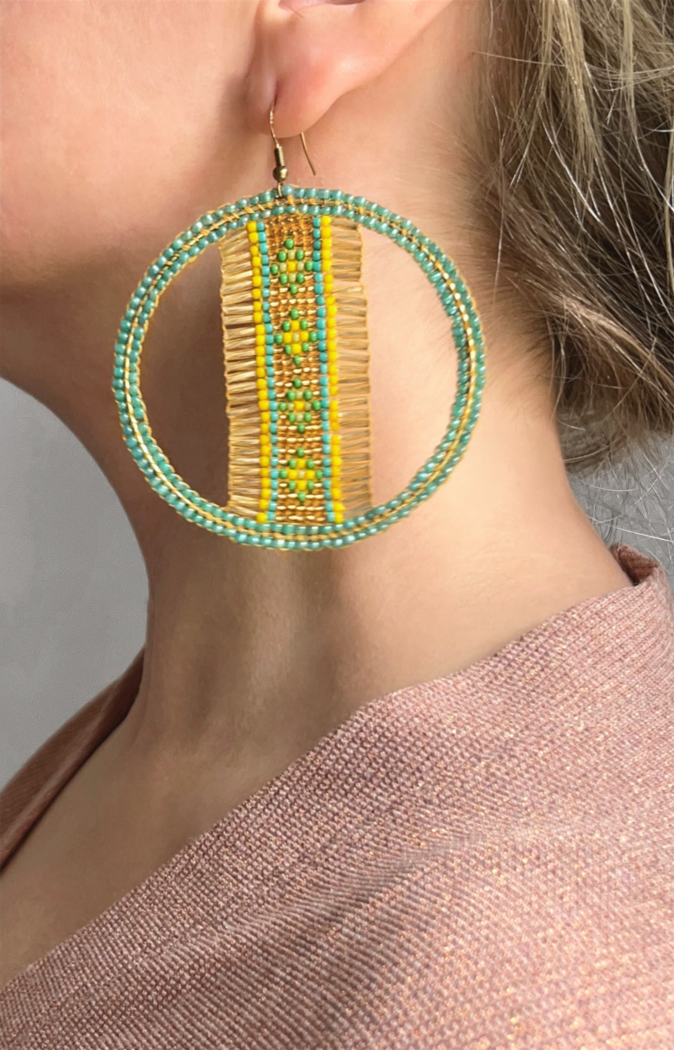 DESERT SUN | hoop earrings | blue, gold, green | beaded pattern