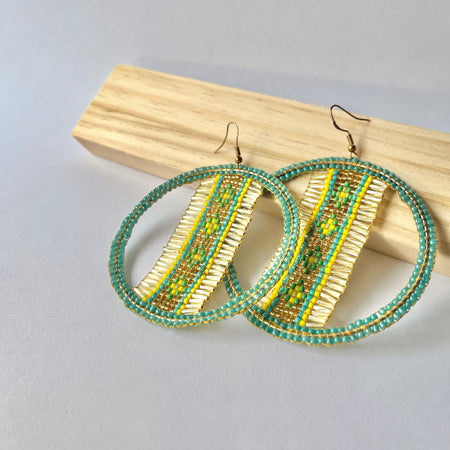 DESERT SUN | hoop earrings | blue, gold, green | beaded pattern