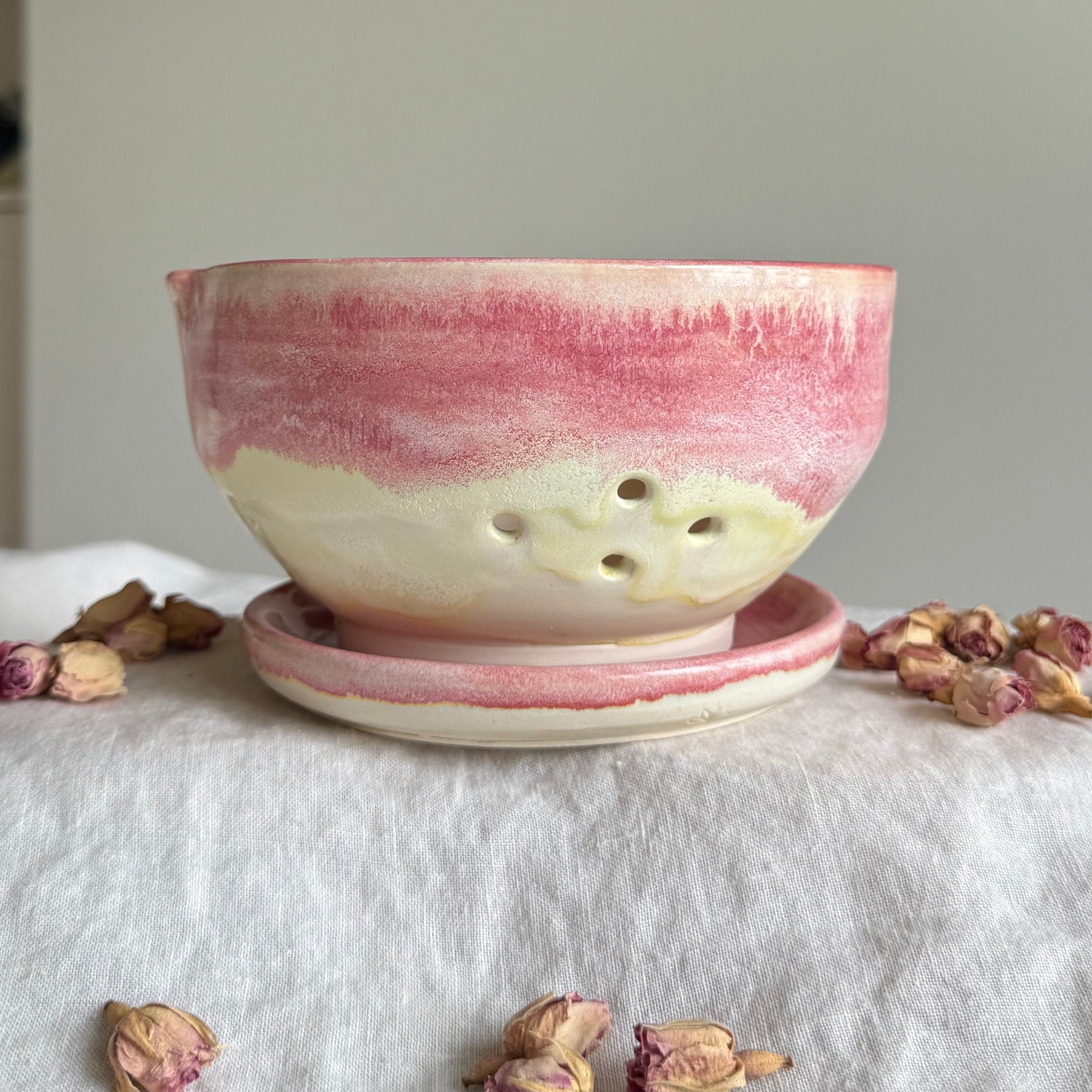 Handmade Berry Bowls | Pink and Lemon with Saucer | Black Clay Heart Rim | Blue Violet | Pink Heart Second