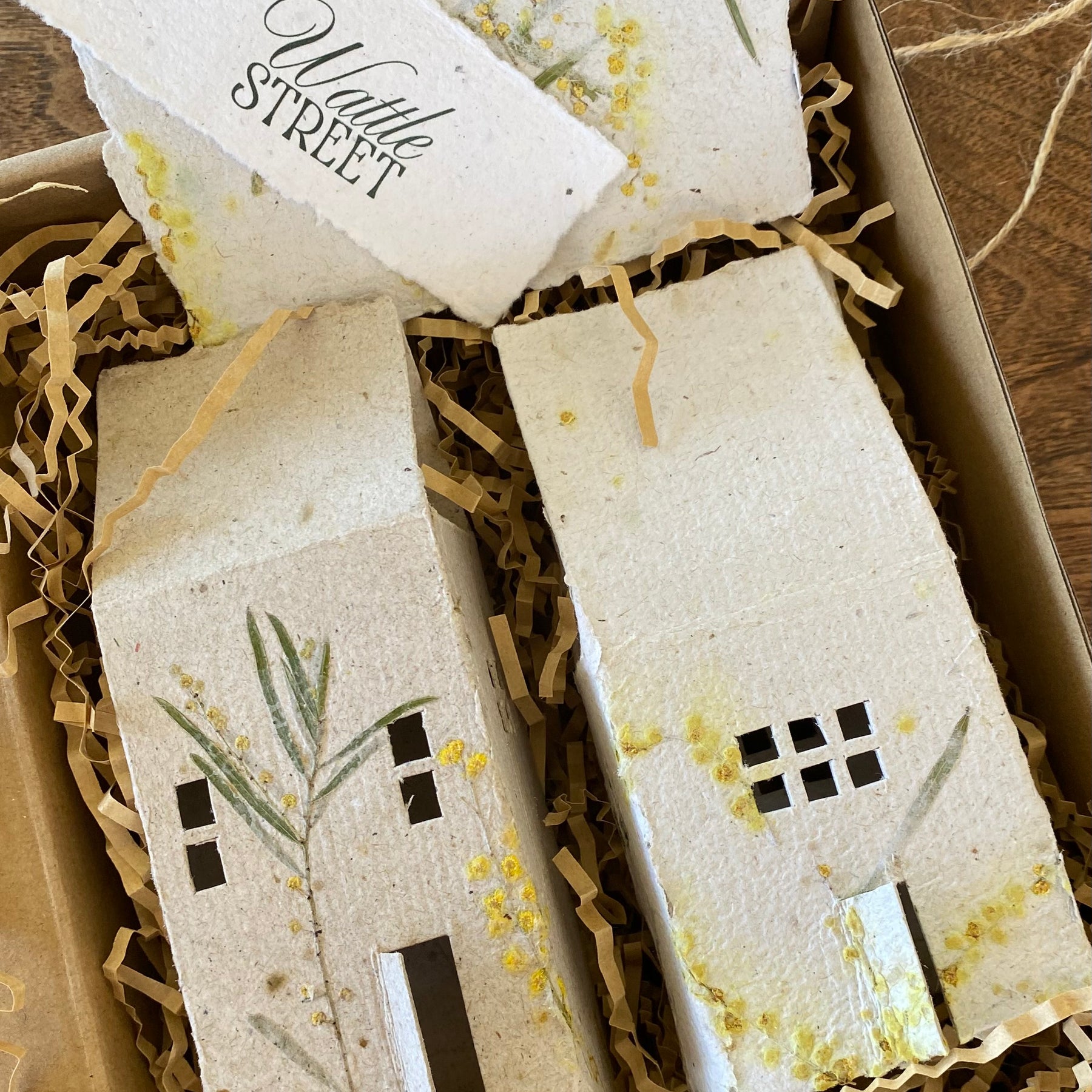 Tiny houses of Decoupaged Handmade Paper with LED light - Personalised your Street too!