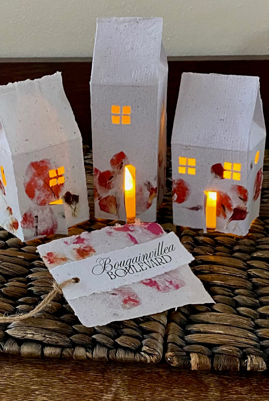Tiny houses of Decoupaged Handmade Paper with LED light - Personalised your Street too!