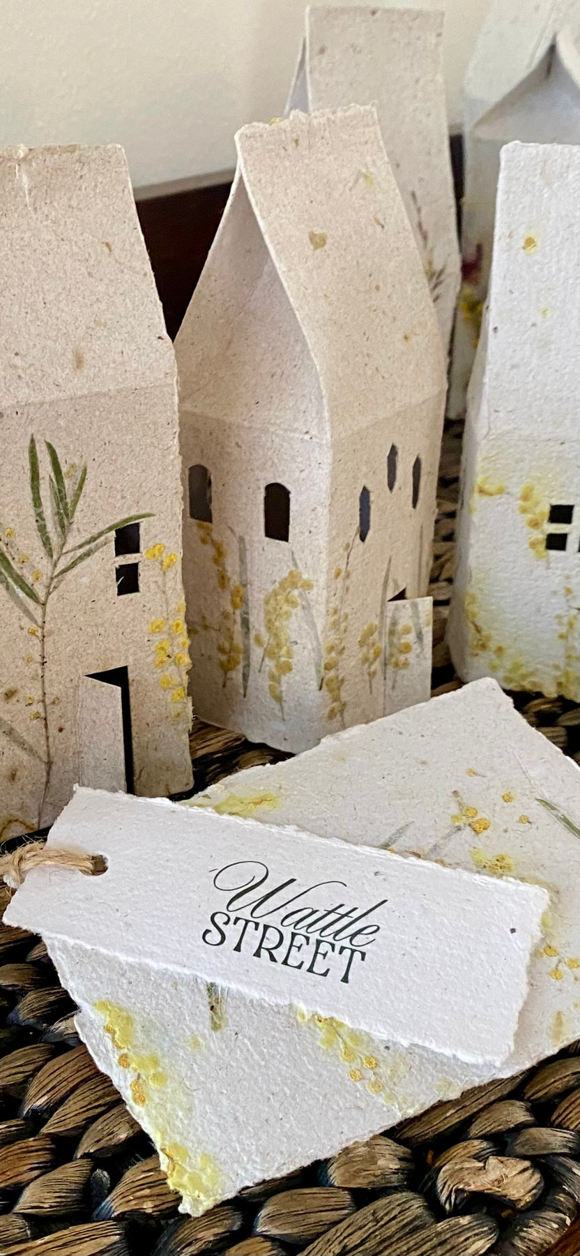 Tiny houses of Decoupaged Handmade Paper with LED light - Personalised your Street too!