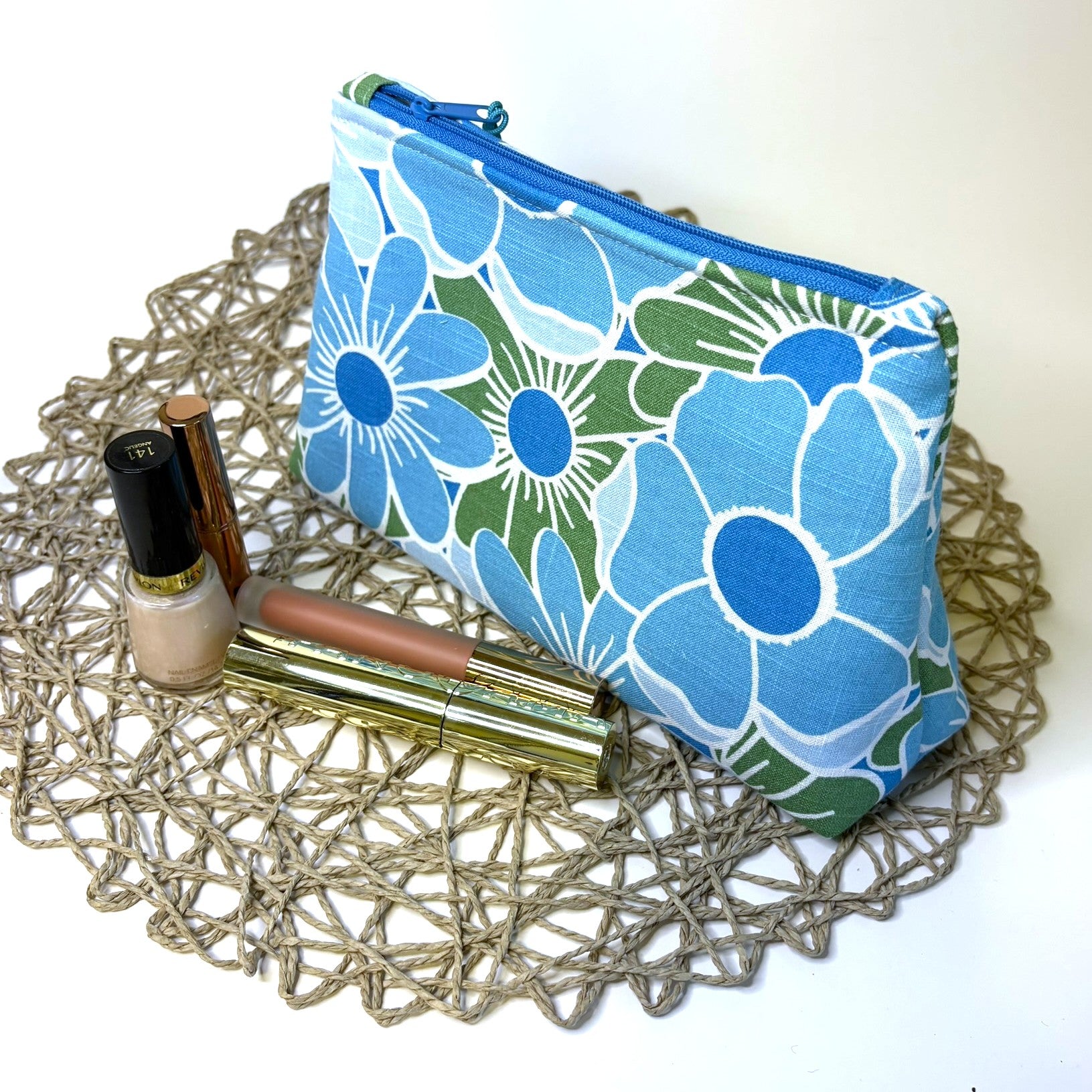Zippered pouch - Blue and green floral linen blend fabric