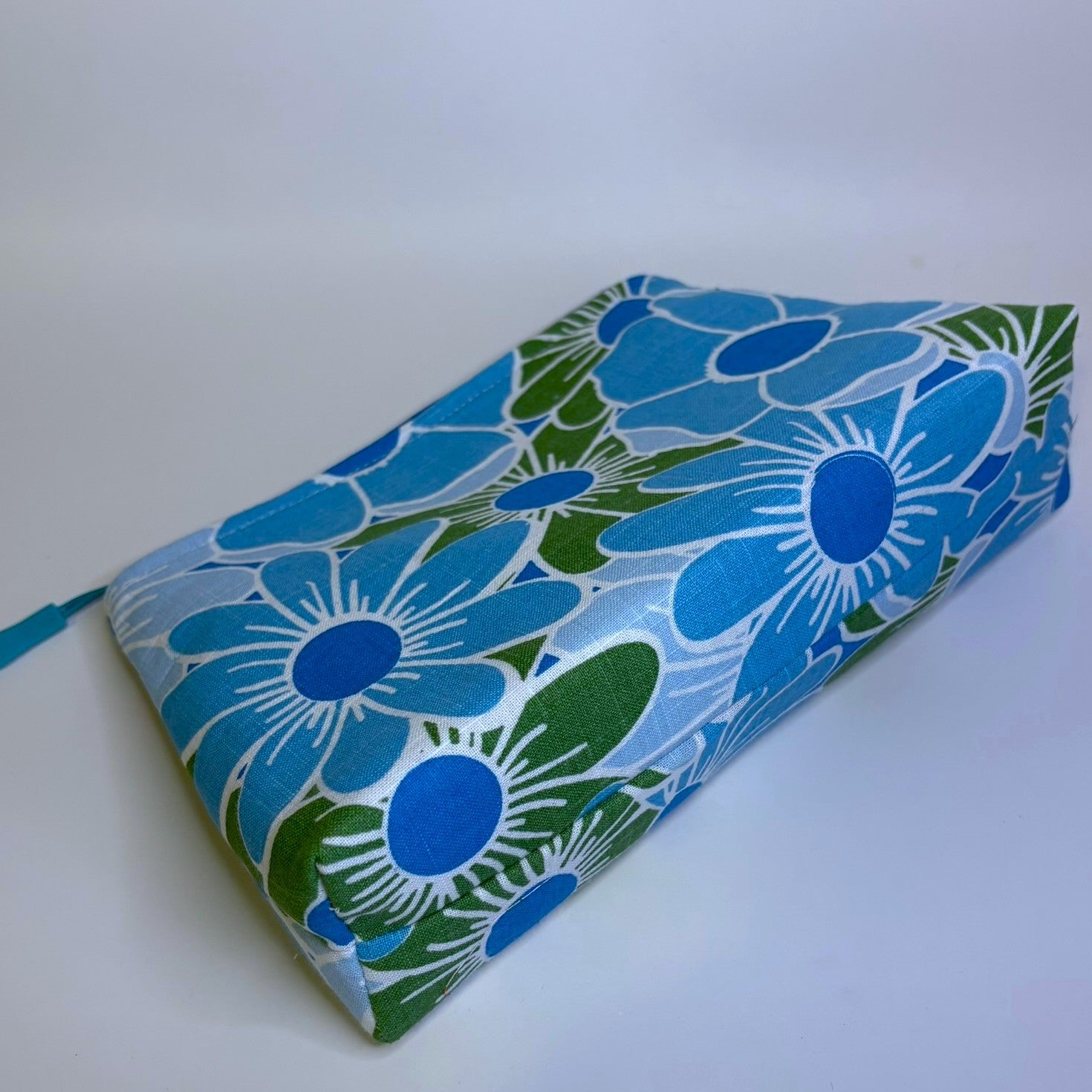 Zippered pouch - Blue and green floral linen blend fabric