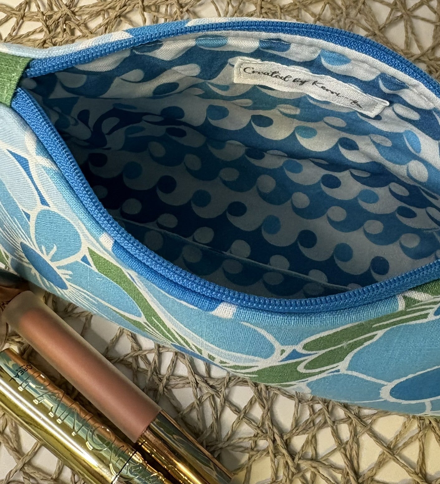 Zippered pouch - Blue and green floral linen blend fabric