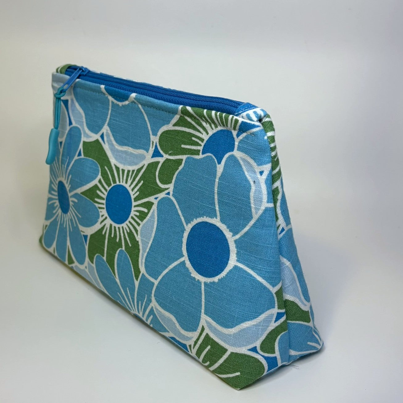 Zippered pouch - Blue and green floral linen blend fabric
