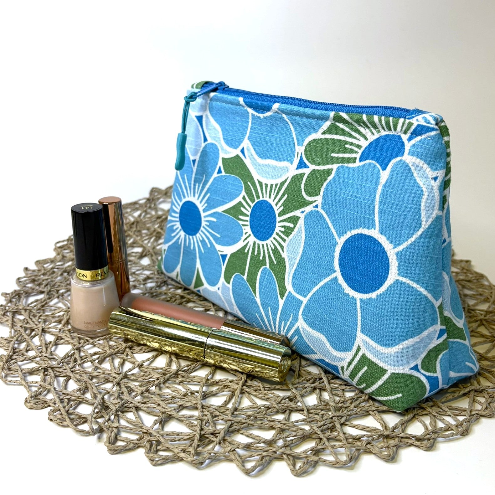 Zippered pouch - Blue and green floral linen blend fabric
