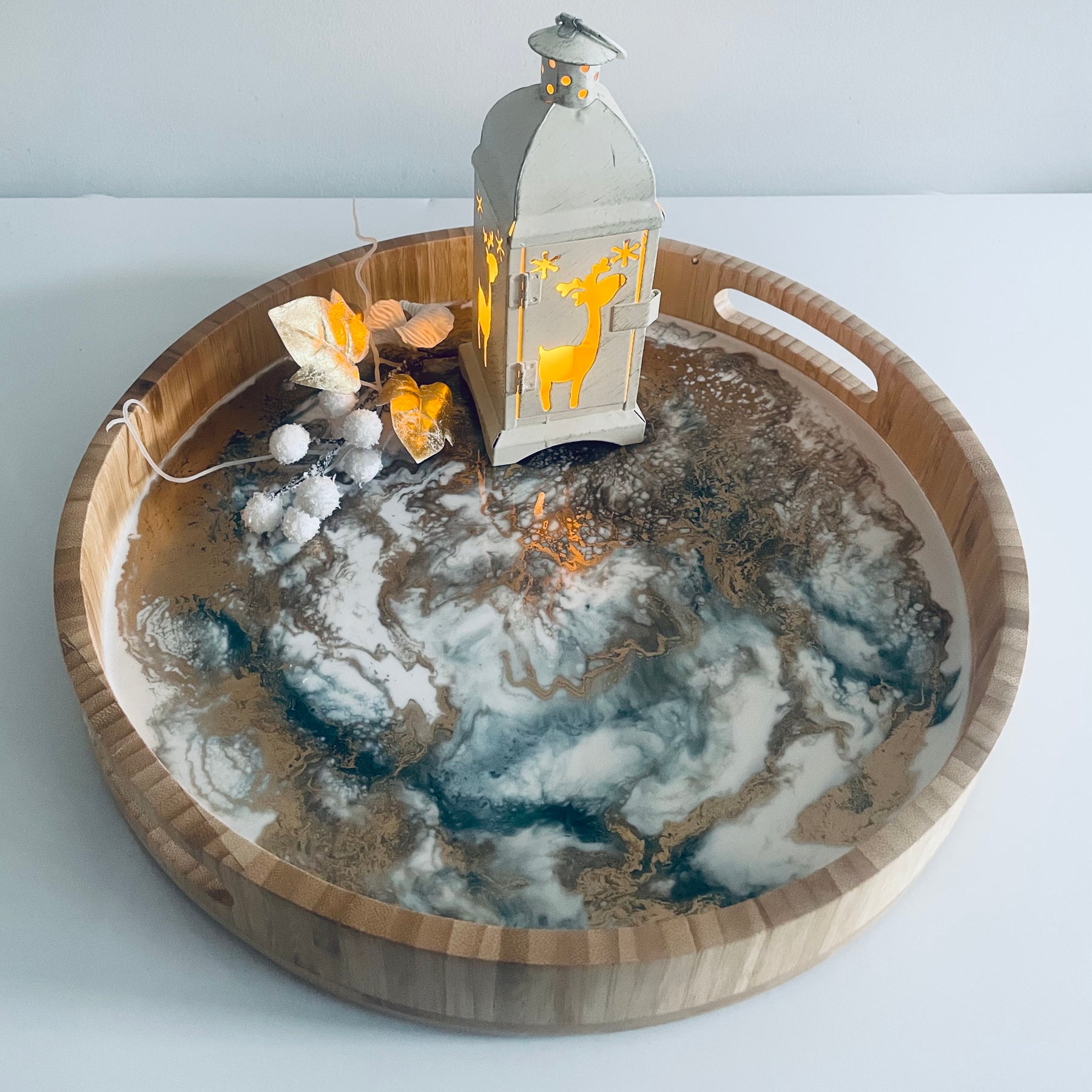 White, Green and Gold Bamboo Resin Serving Tray