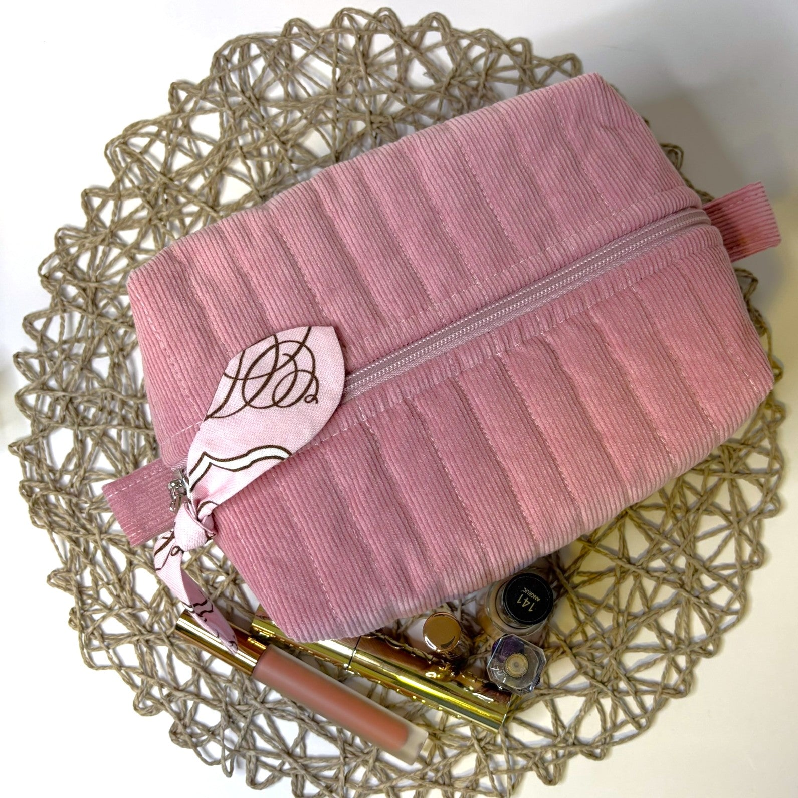 Makeup, cosmetic or tech bag - Quilted Blush Pink Corduroy