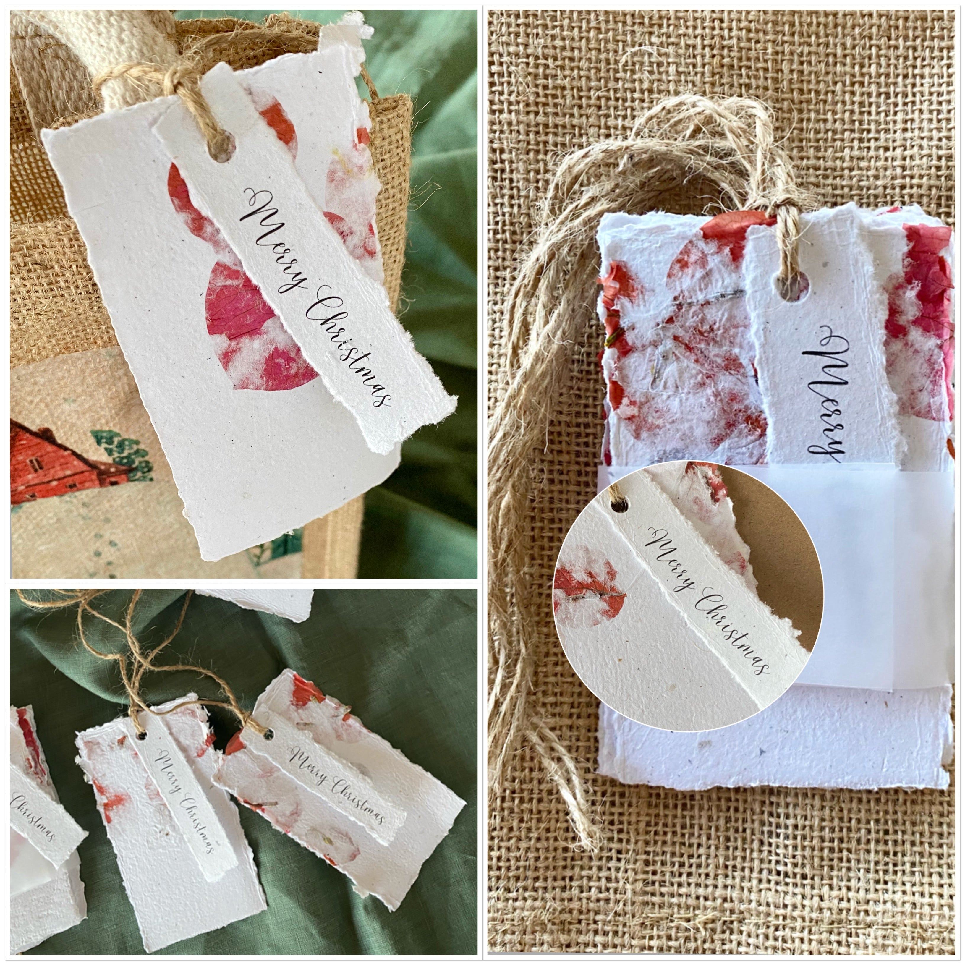 Floral Handmade Paper "Merry Christmas" 5 Gift Tags with FREE SHIPPING