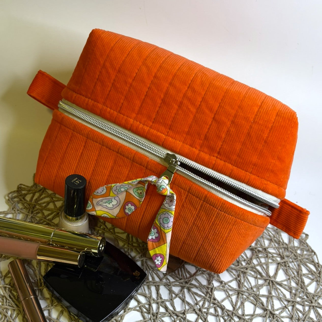 Makeup, cosmetic or tech bag - Quilted Orange Corduroy
