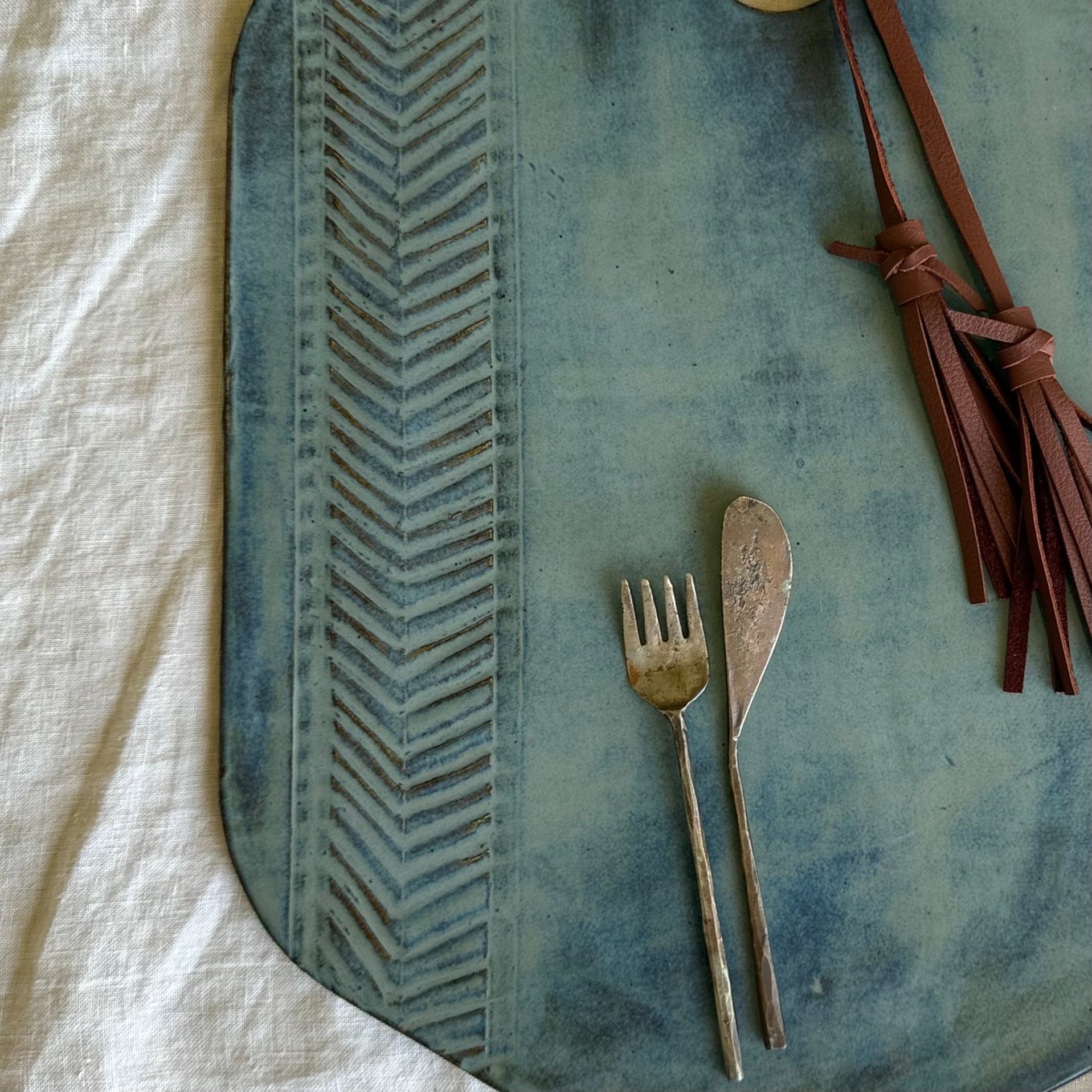 Denim Blue Herringbone Charcuterie Board | Removable Leather Tassel