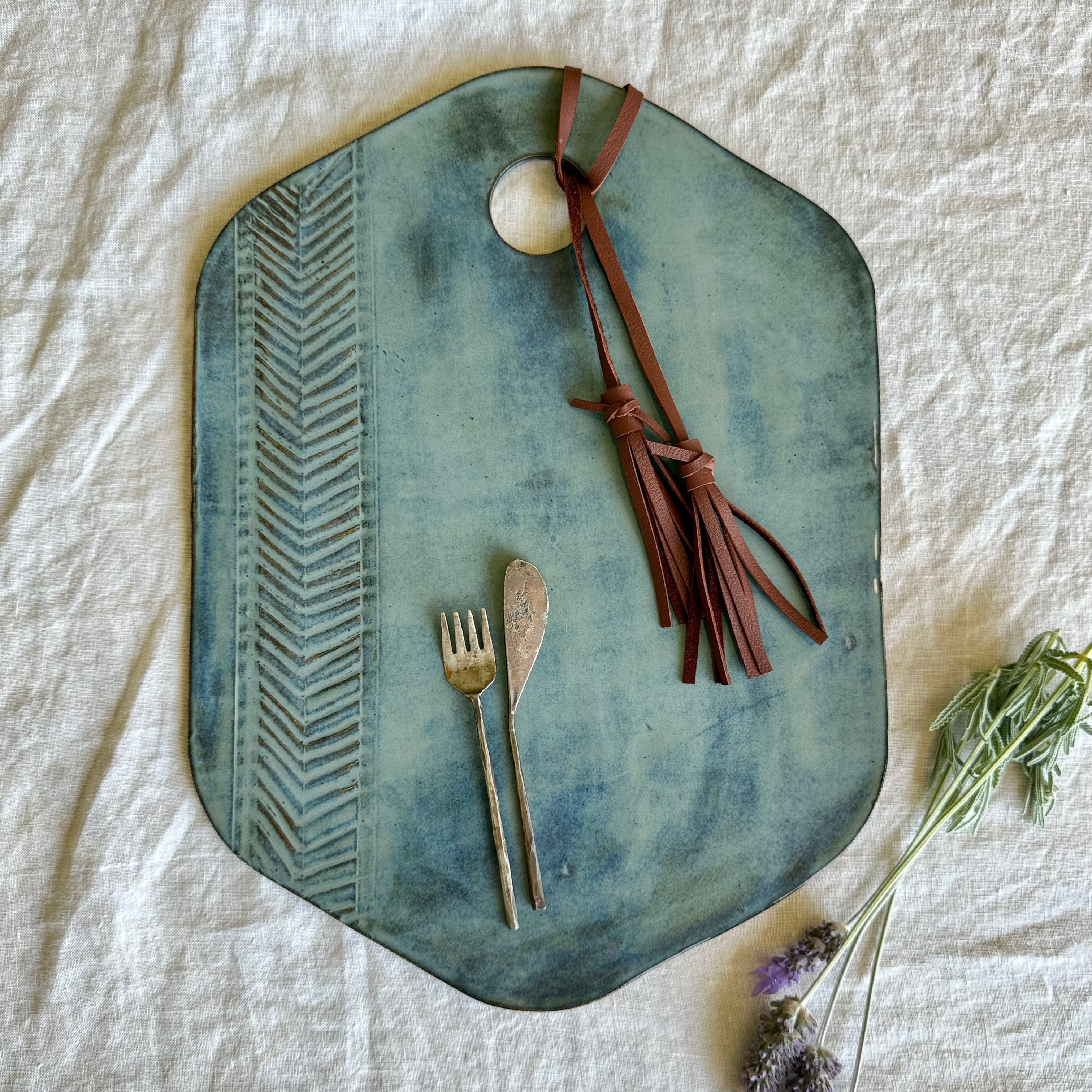 Denim Blue Herringbone Charcuterie Board | Removable Leather Tassel