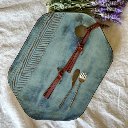 Denim Blue Herringbone Charcuterie Board | Removable Leather Tassel