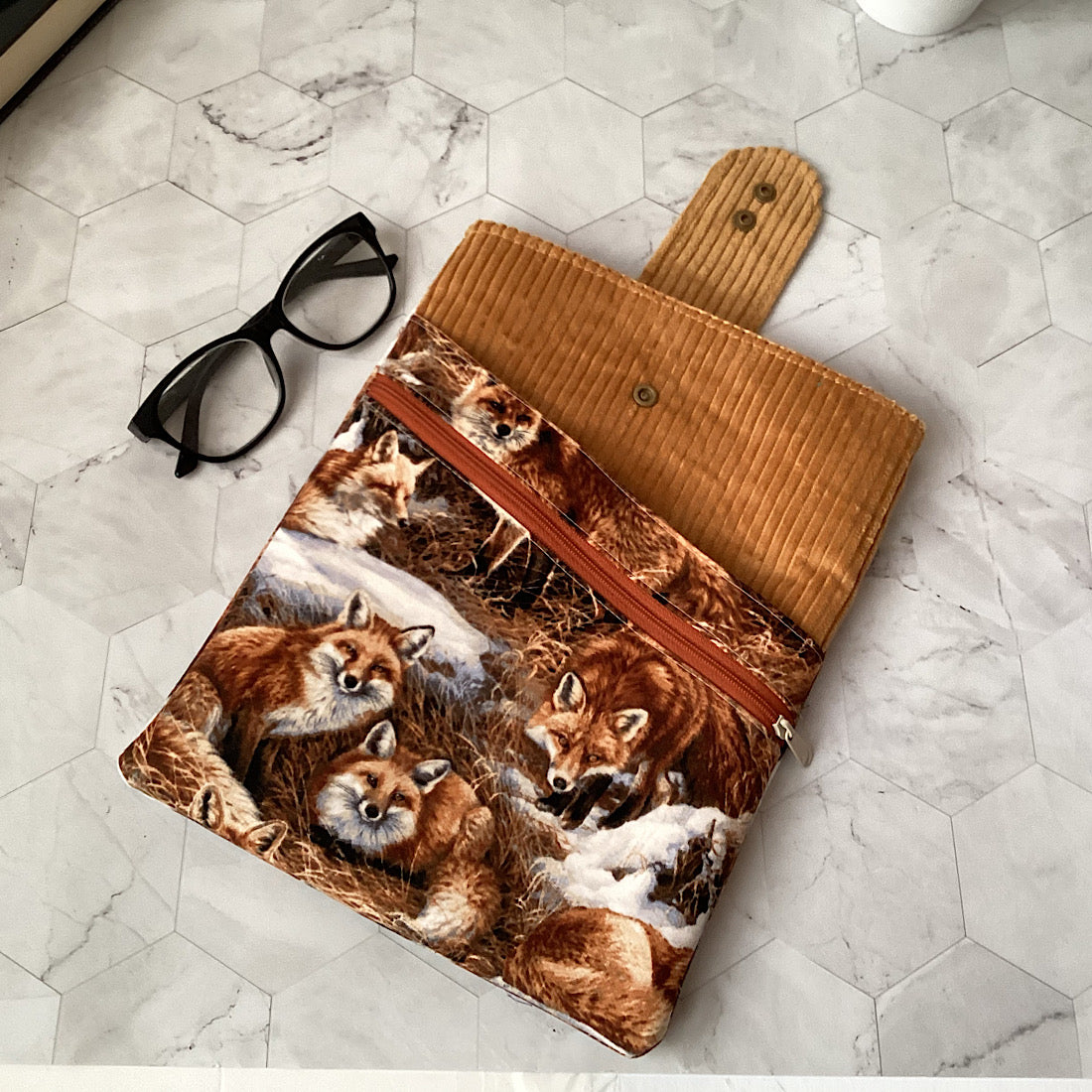 Foxes Fabric Padded Book Sleeve. IPad/Tablet pouch. 2 pockets with flap closure.