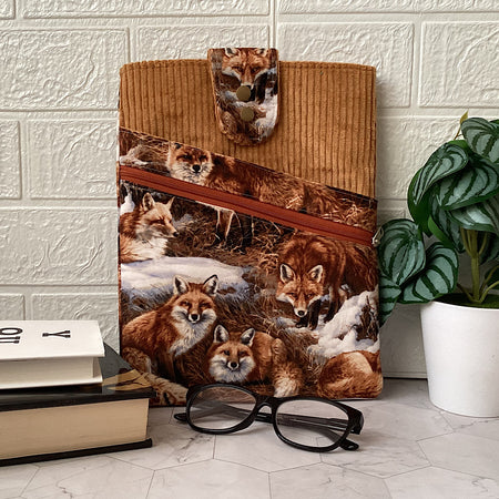 Foxes Fabric Padded Book Sleeve. IPad/Tablet pouch. 2 pockets with flap closure.