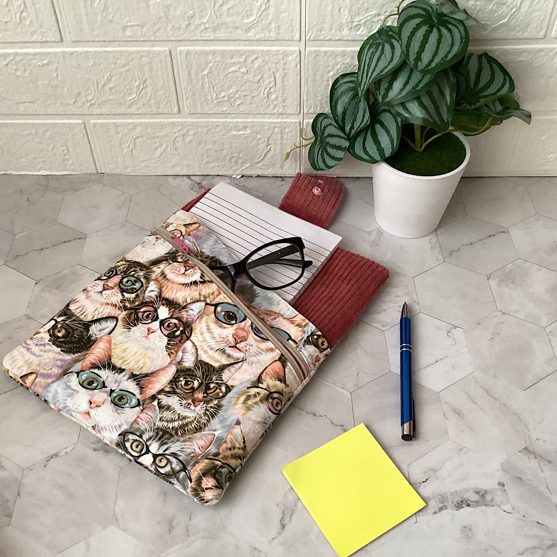 Cats with glasses Fabric Padded Book Sleeve. IPad/Tablet pouch. 2 pockets with flap closure.