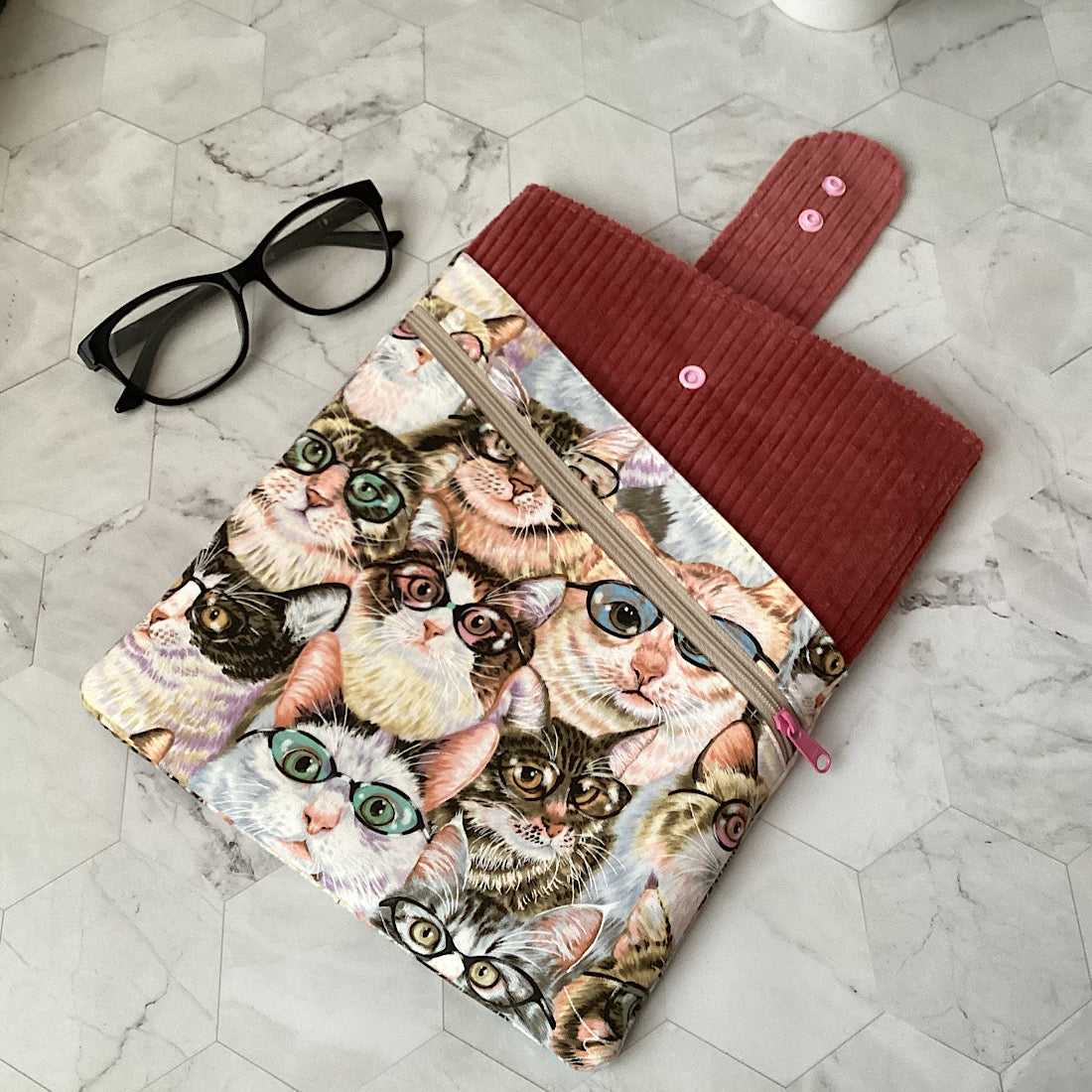 Cats with glasses Fabric Padded Book Sleeve. IPad/Tablet pouch. 2 pockets with flap closure.