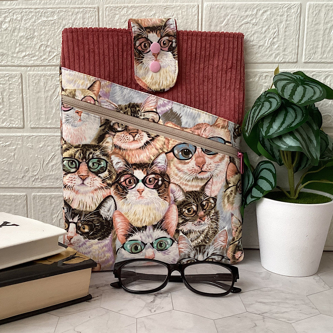 Cats with glasses Fabric Padded Book Sleeve. IPad/Tablet pouch. 2 pockets with flap closure.