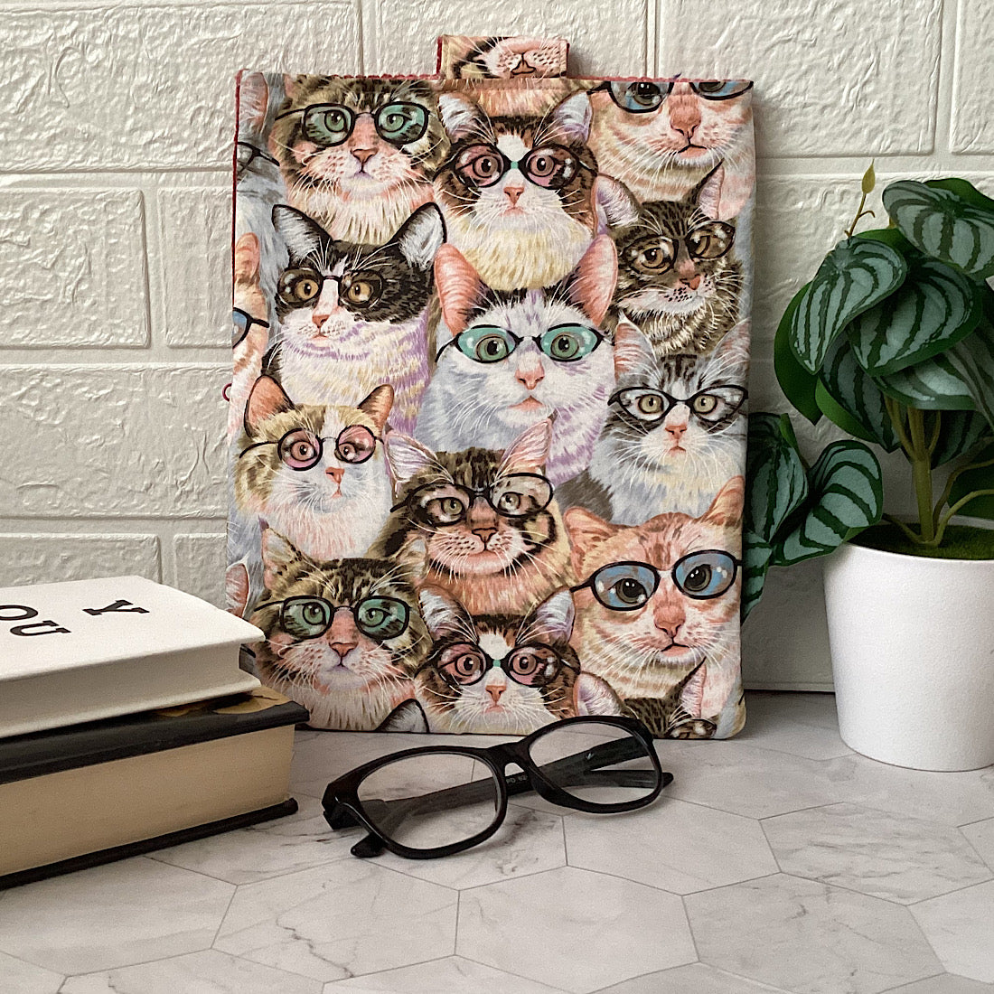 Cats with glasses Fabric Padded Book Sleeve. IPad/Tablet pouch. 2 pockets with flap closure.