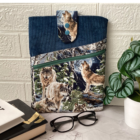 Wolves Fabric Padded Book Sleeve. IPad/Tablet pouch. 2 pockets with flap closure.