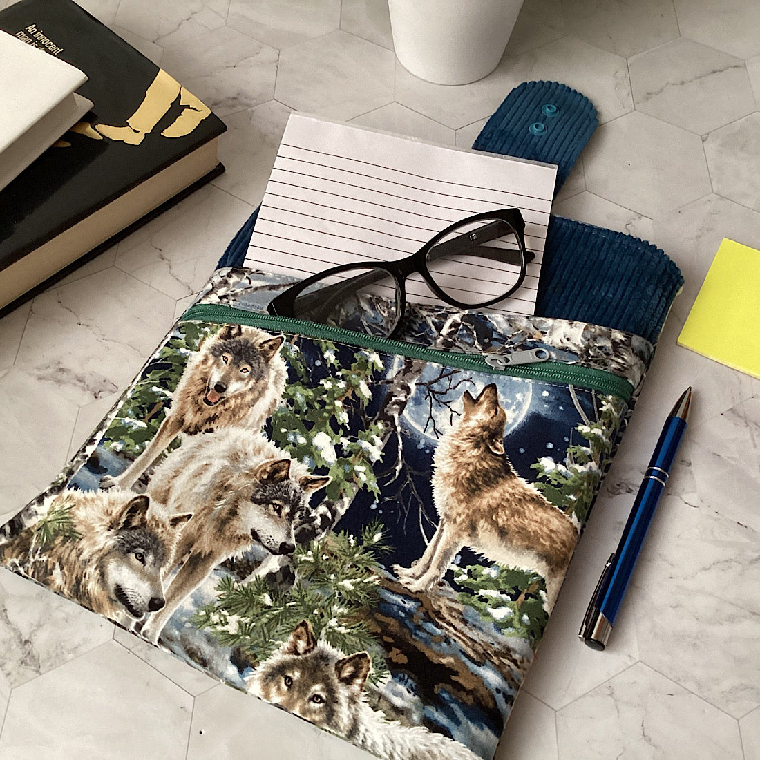 Wolves Fabric Padded Book Sleeve. IPad/Tablet pouch. 2 pockets with flap closure.