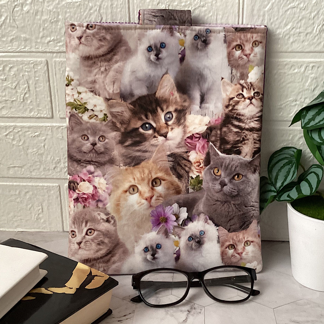 Cats and kittens Fabric Padded Book Sleeve. IPad/Tablet pouch. 2 pockets with flap closure.