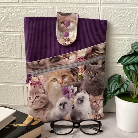 Cats and kittens Fabric Padded Book Sleeve. IPad/Tablet pouch. 2 pockets with flap closure.