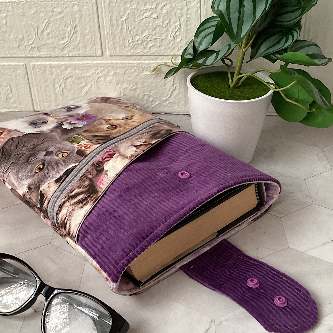 Cats and kittens Fabric Padded Book Sleeve. IPad/Tablet pouch. 2 pockets with flap closure.