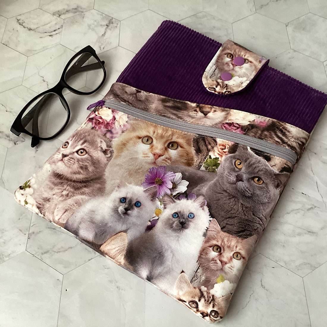 Cats and kittens Fabric Padded Book Sleeve. IPad/Tablet pouch. 2 pockets with flap closure.