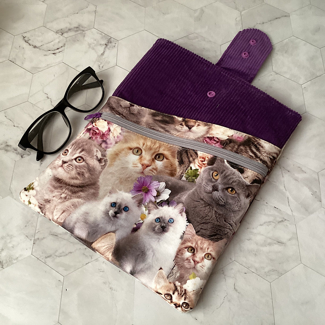 Cats and kittens Fabric Padded Book Sleeve. IPad/Tablet pouch. 2 pockets with flap closure.