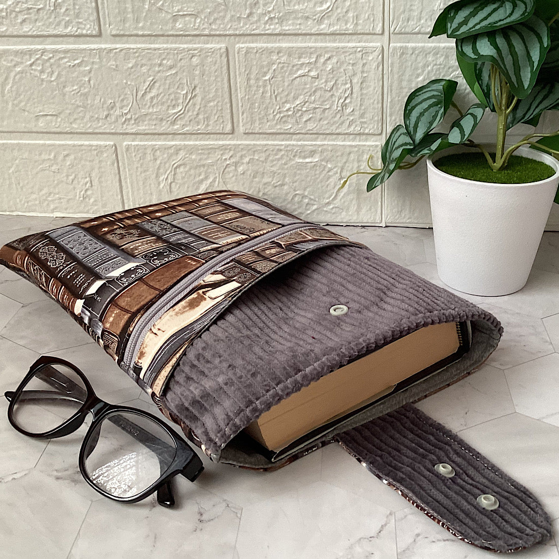Library books Fabric Padded Book Sleeve. IPad/Tablet pouch. 2 pockets with flap closure.