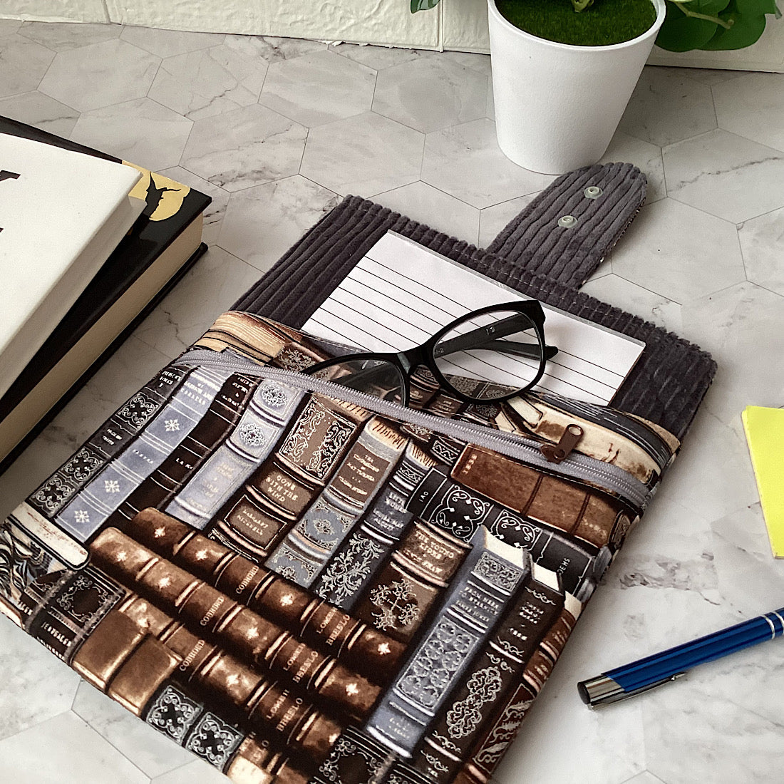 Library books Fabric Padded Book Sleeve. IPad/Tablet pouch. 2 pockets with flap closure.