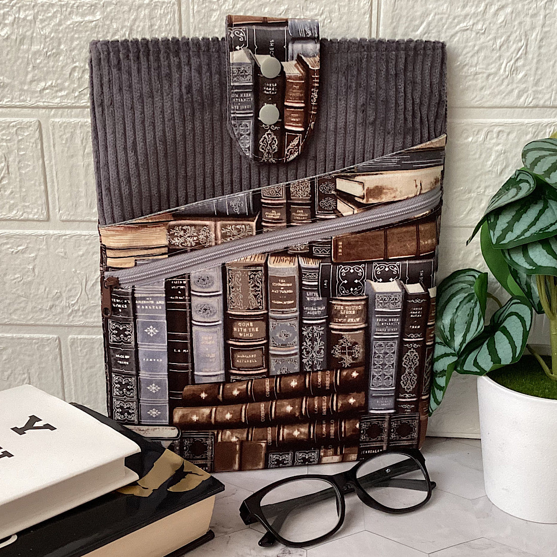 Library books Fabric Padded Book Sleeve. IPad/Tablet pouch. 2 pockets with flap closure.